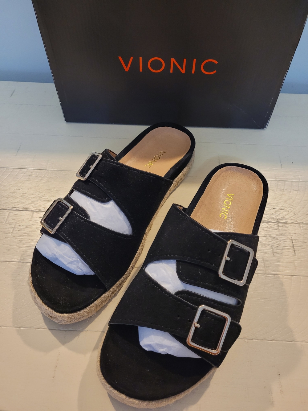 Vionic Black Suede Double Buckle Slide Sandals - Picture 10 of 13